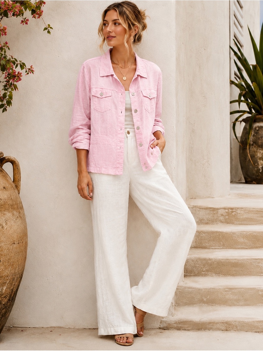 Light Pink Women's Mixed Media Linen Jacket - Relaxed Button-Front